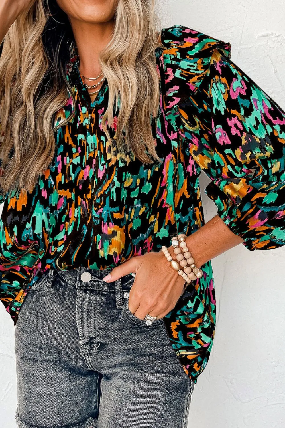 Abstract Print Ruffle Blouse