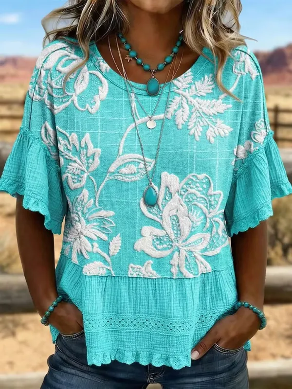 Women'S Retro Western Flower Art Printed Splicing T-Shirt