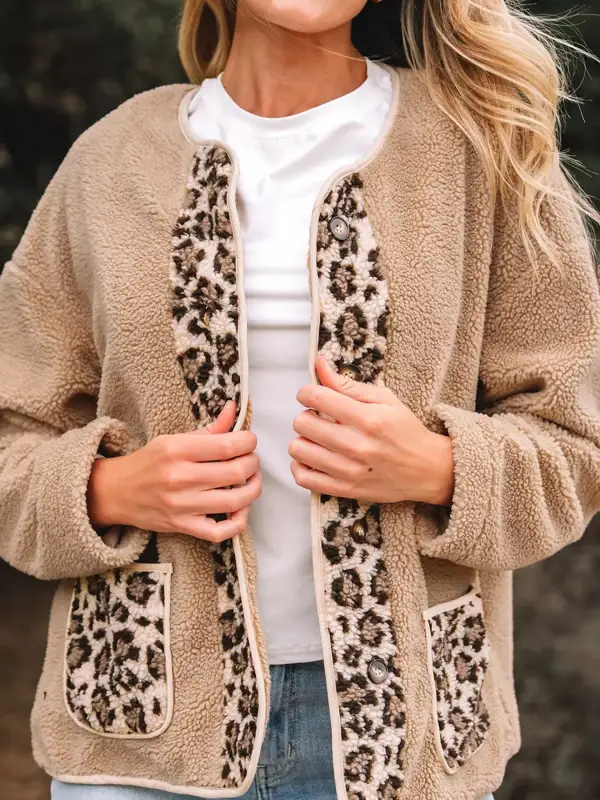 Casual Leopard Print Accent Plush Jacket With Pockets