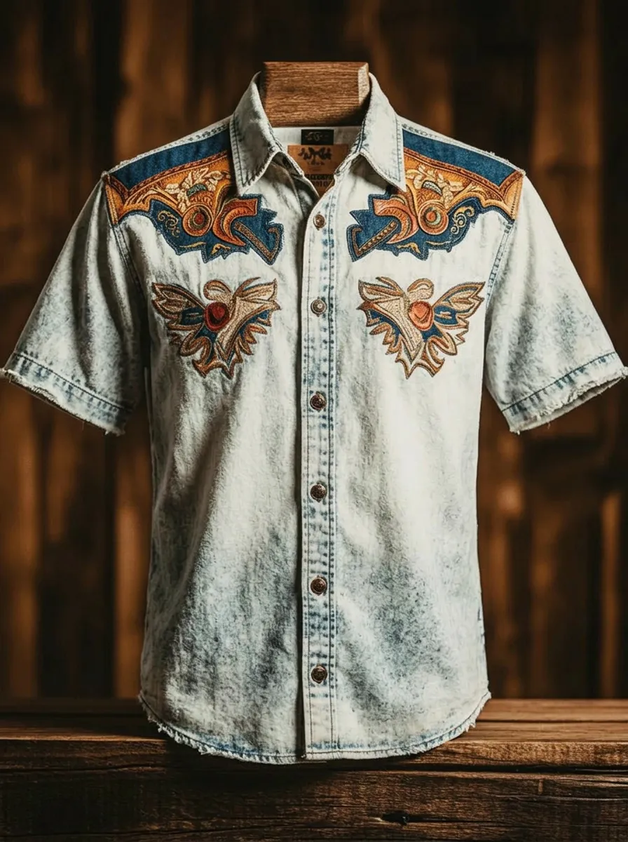 Men's Western Style Eagle Embroidery Acid Wash Printed Shirt