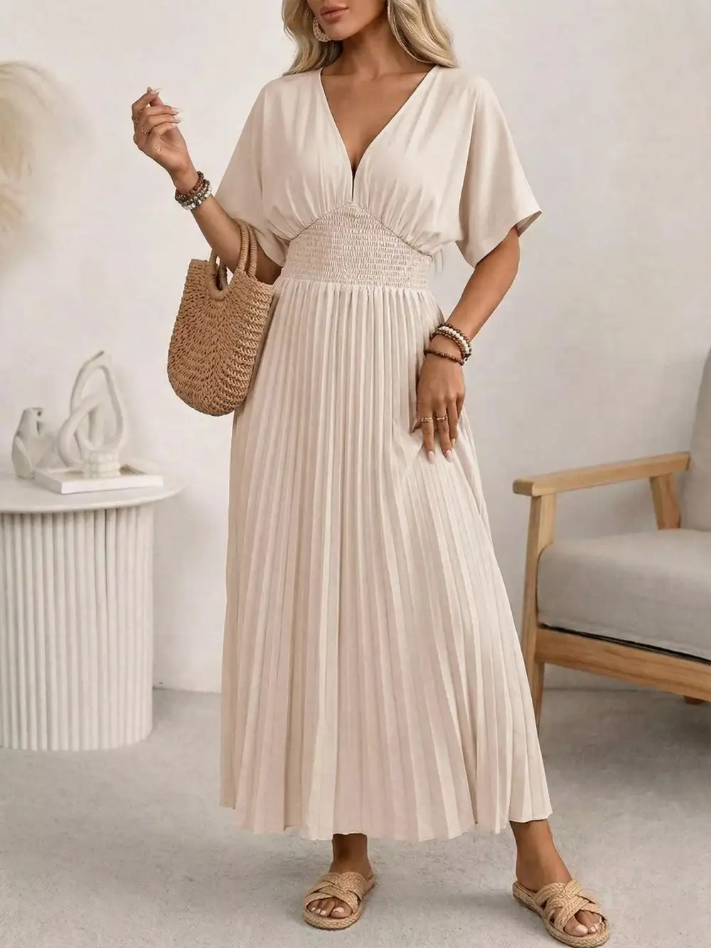 Pleated V-Neck Midi Dress