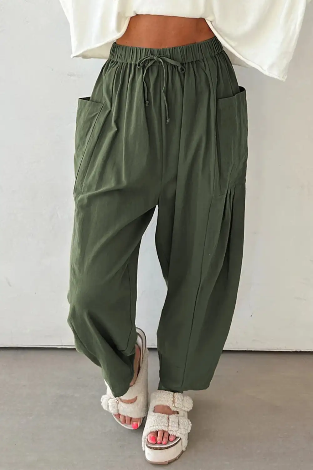 Drawstring Elastic Rise Patch Pocket Barrel Leg Pants