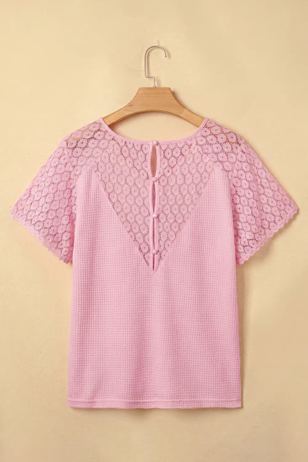 Pink Lace Splicing Button Cutout V Neck Waffle Knit Blouse