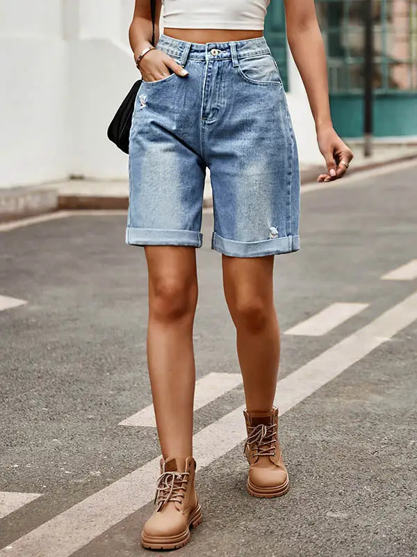 Hoog Getailleerde Losse Zakken Met Knopen Jeansbroeken Shorts