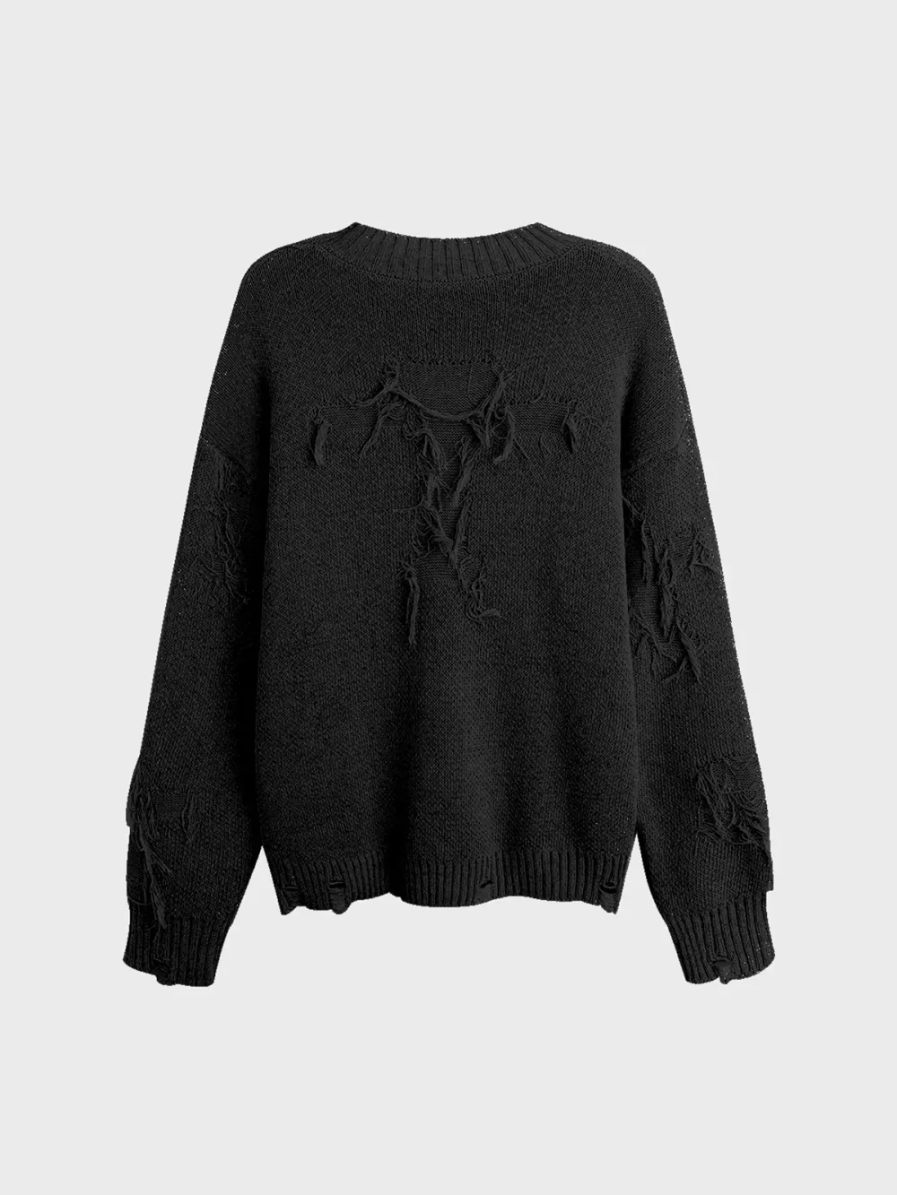 【Final Sale】Knitted Raw Edge Crew Neck Cross Long Sleeve Sweater