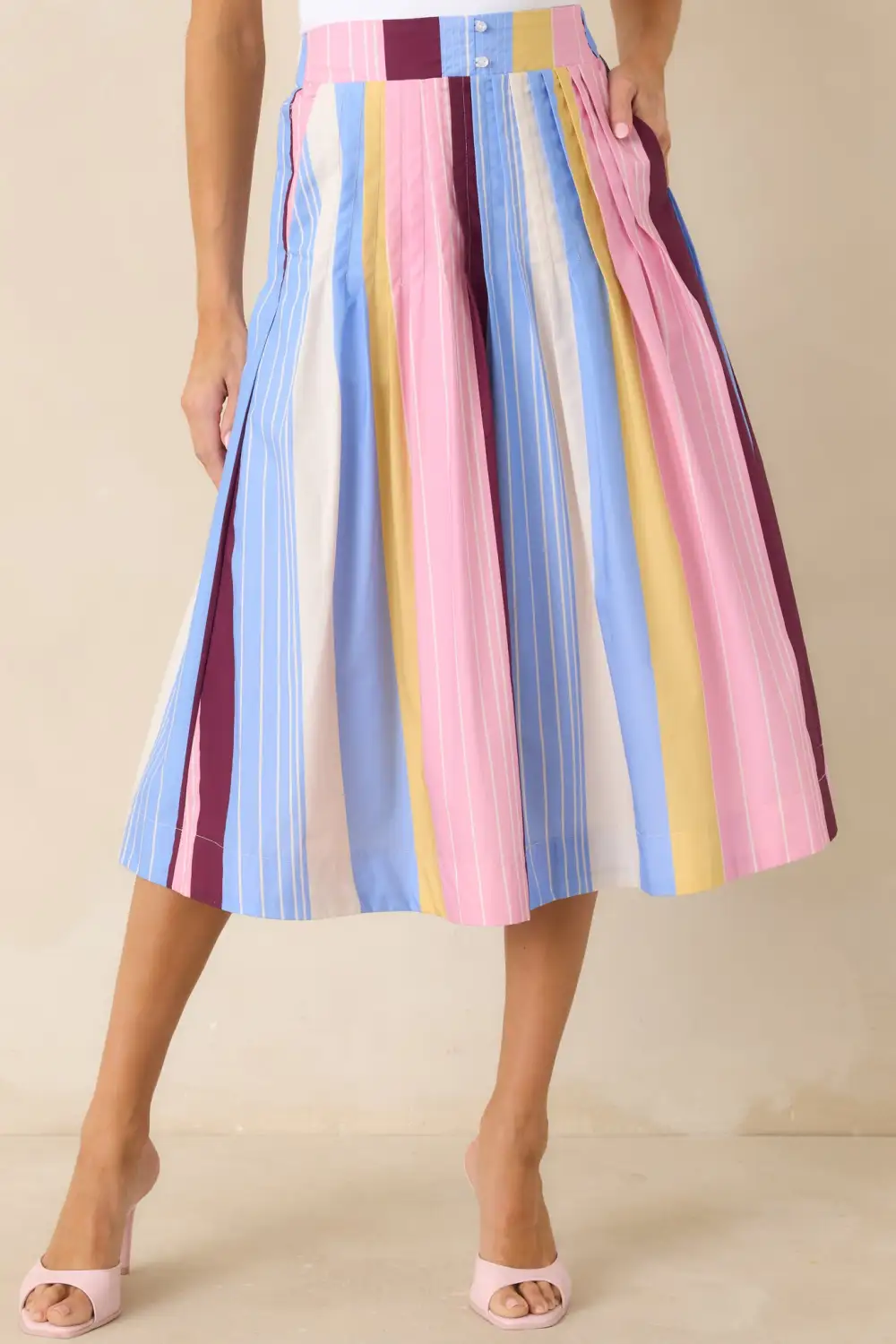 Noticed Multi Stripe Cotton Pleated Midi Skirt