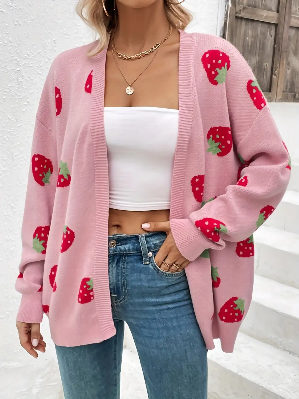 Strawberry Cardigan: Spring/Fall Style (Open Front, Long Sleeves)