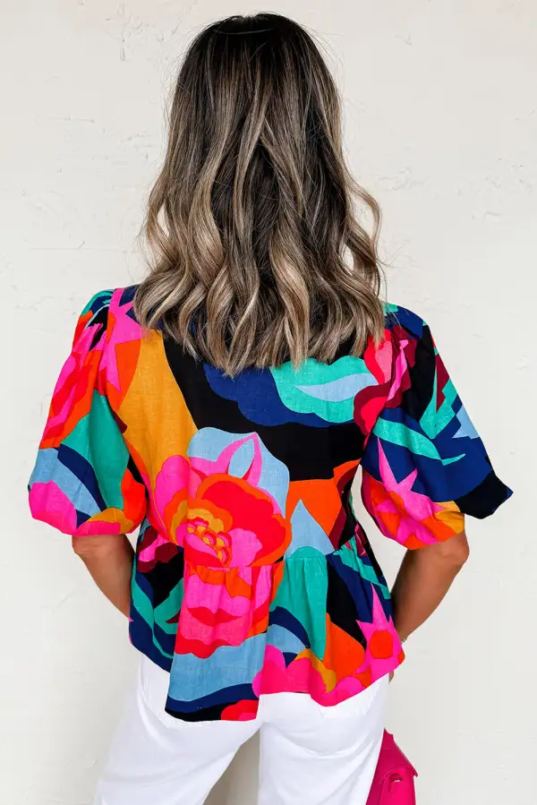 Red Abstract Floral Print Front Tied Puff Sleeve Babydoll Blouse