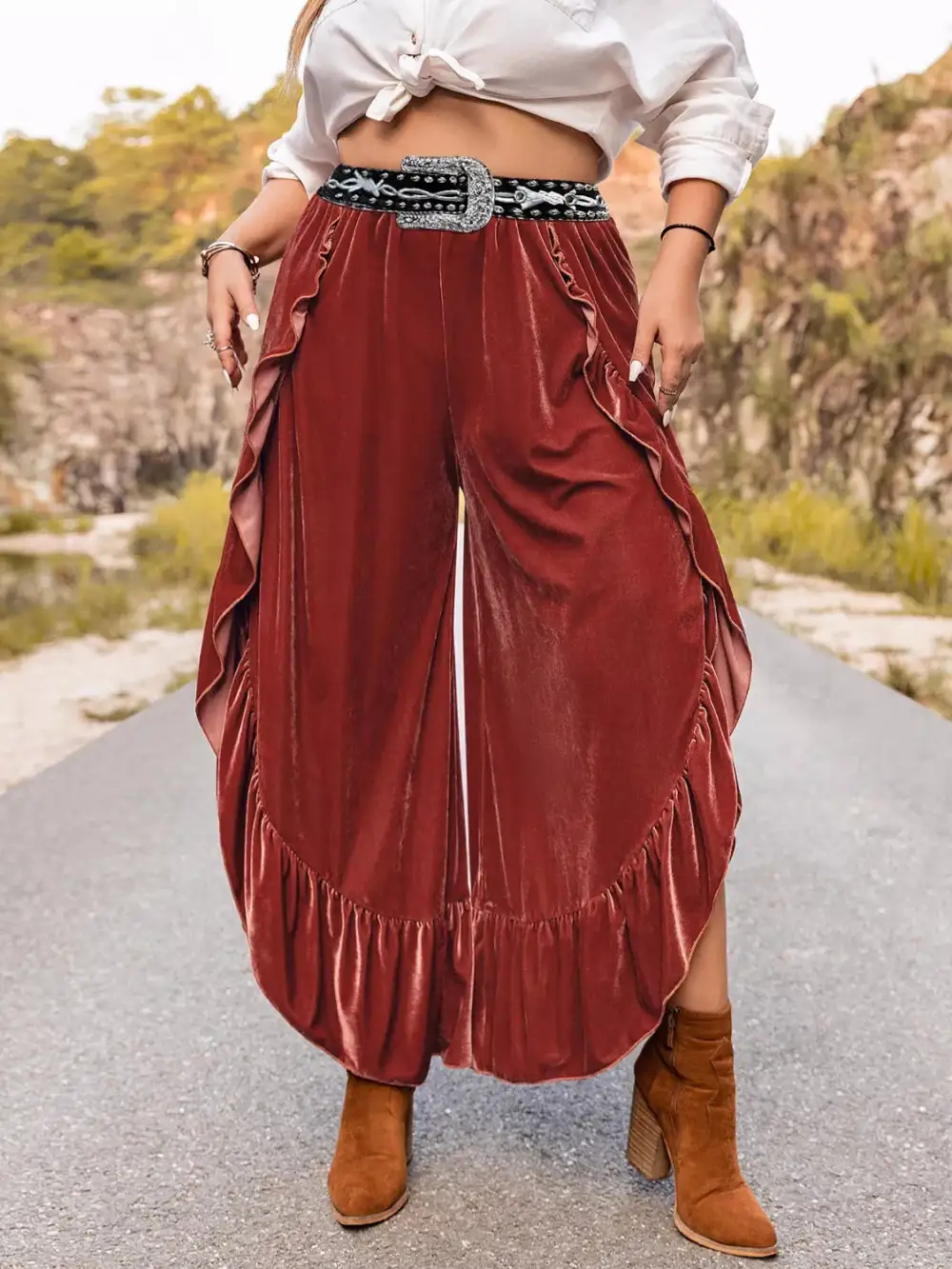 Everyday Velvet Ruffle Hem Wide Leg Pants