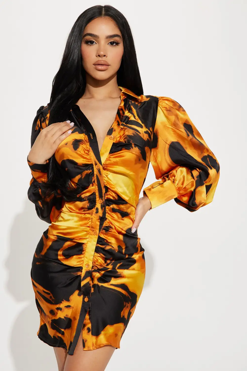 On Fire Ruched Mini Dress - Orange/combo