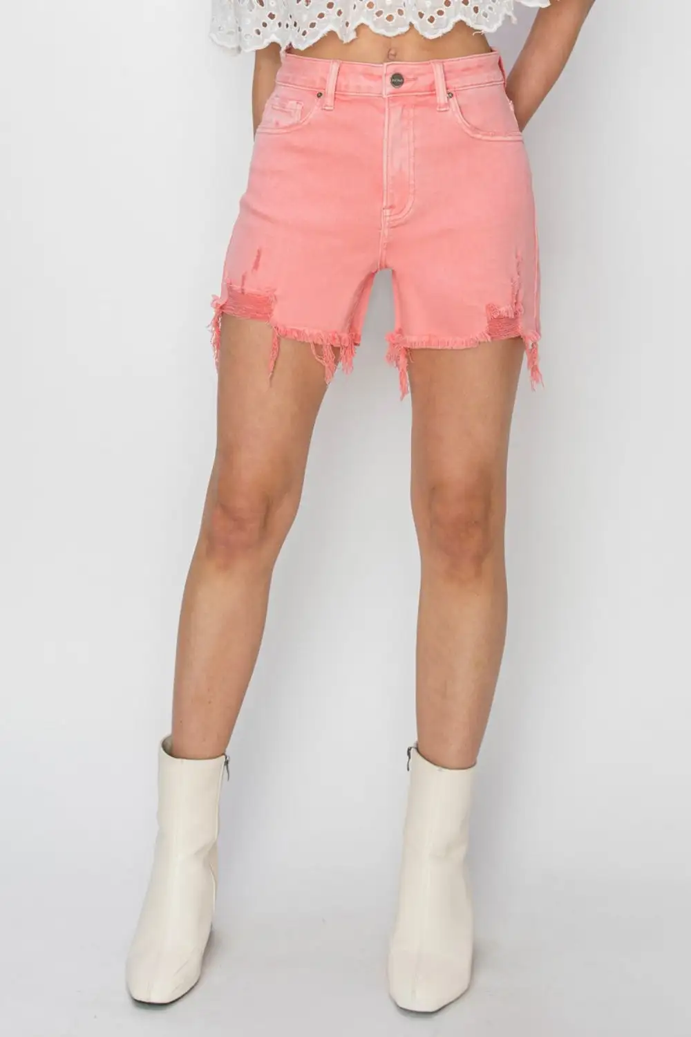 Weekend High Rise Distressed Hem Shorts