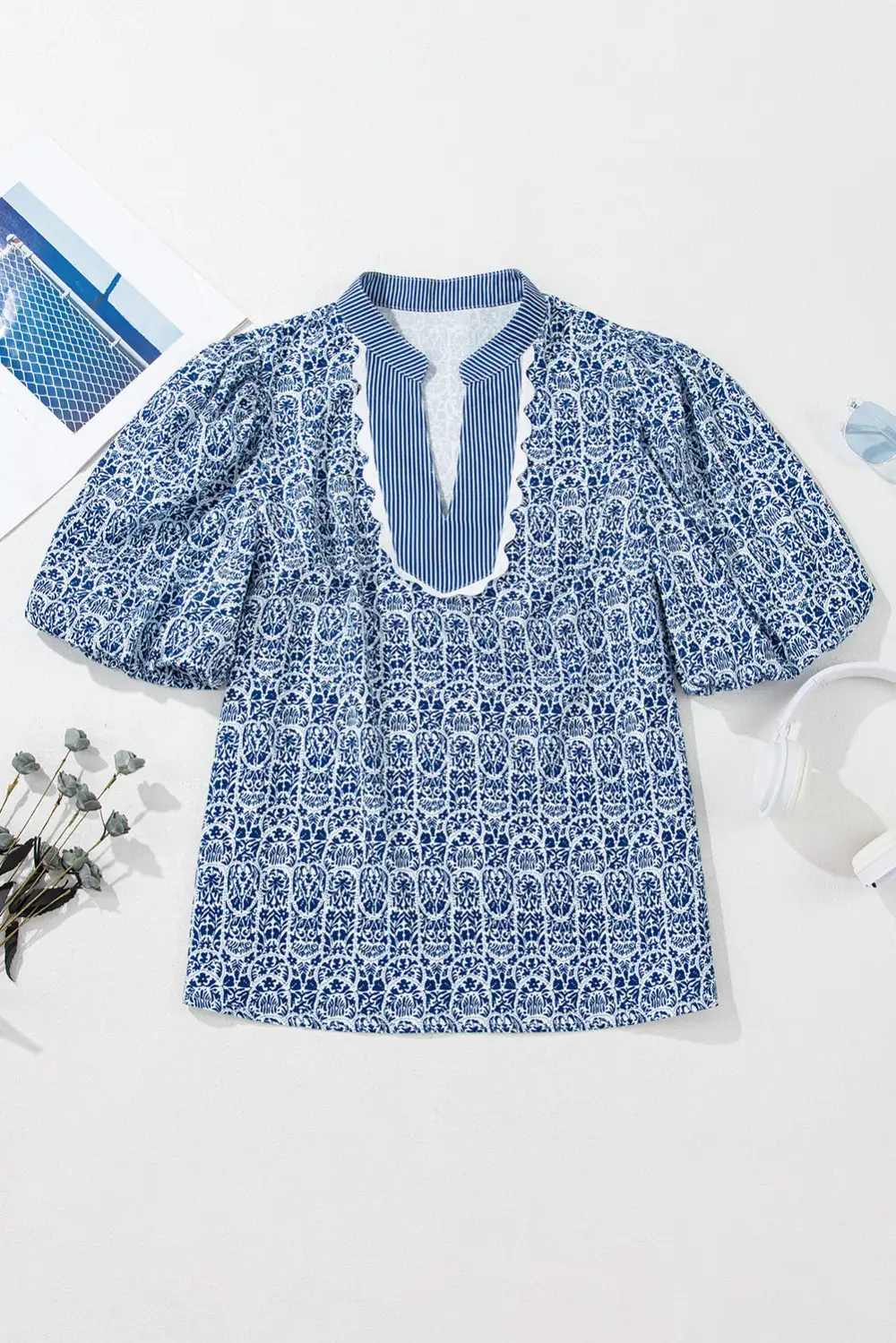 Blue Floral Striped Print Contrast Puff Sleeve Top