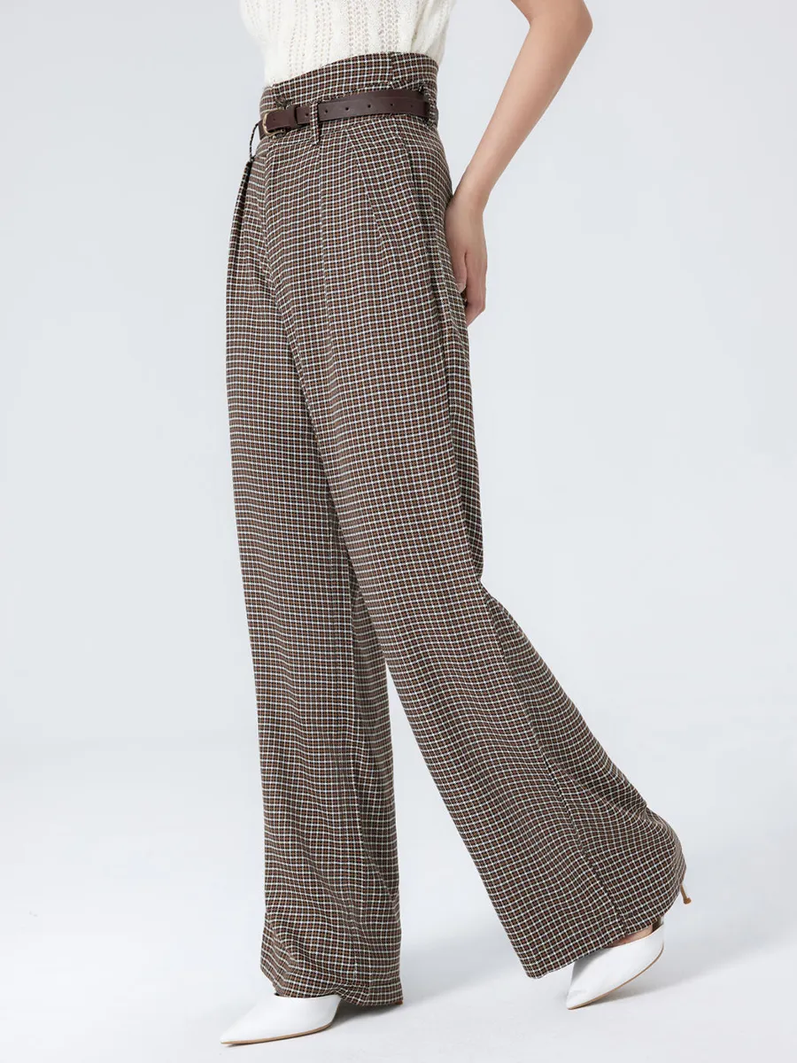 Houndstooth High Waist Belted Wide Leg Trousers