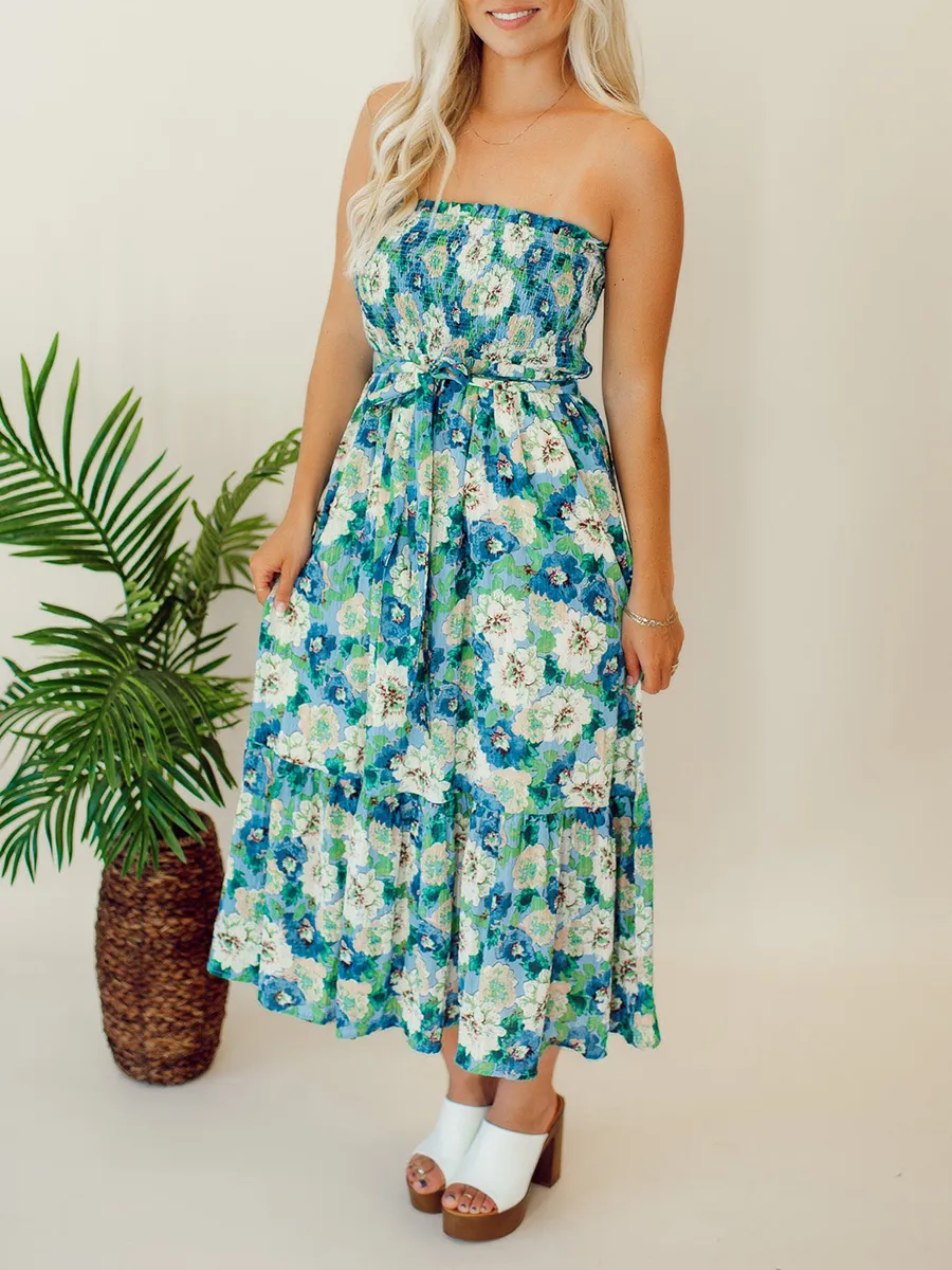 Floral patterned strapless mid length dress