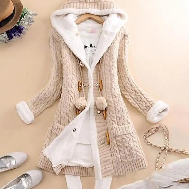 Women's Plush Hooded Knit Cardigan Coat with Buttons and Pockets in 6 Colors S-5XL