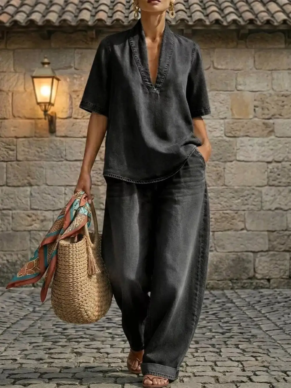 Half Sleeve Top and Wide Leg Pants Set