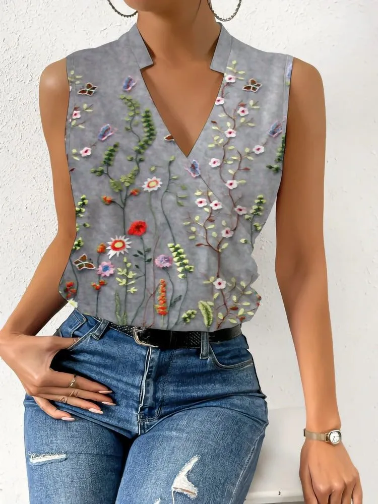Printed V-Neck Sleeveless Blouse