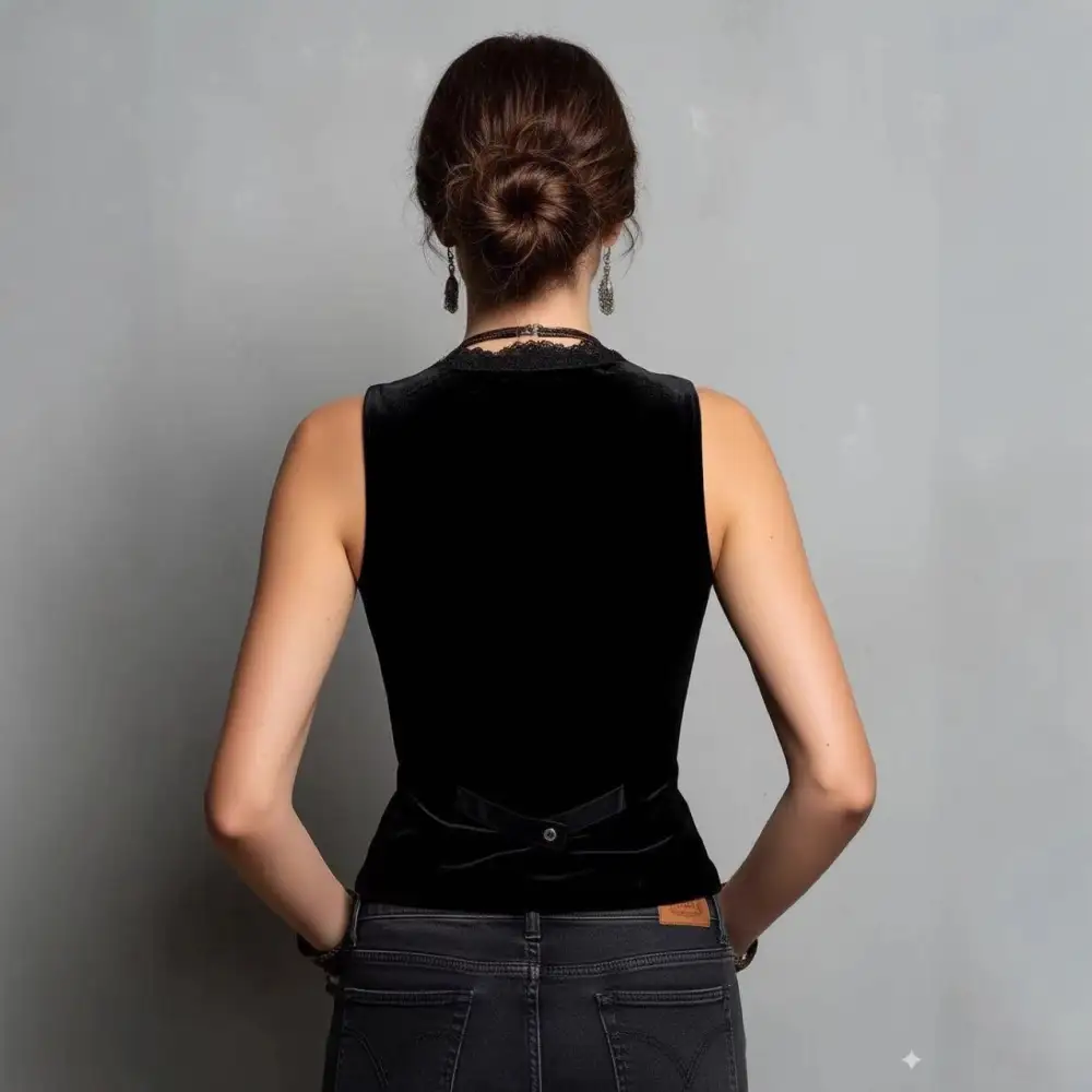 Vintage Sleeveless Lace Neck Velvet Vest