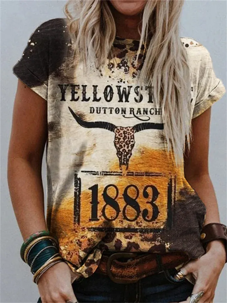 Women's Western Bull Skull Animal Pattern T Shirt