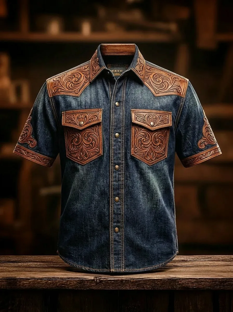 Men's Western Style Tooled Leather Pattern Printed Denim Shirt