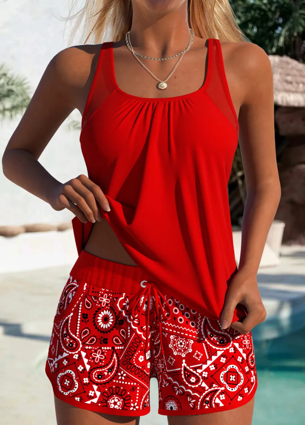 Tummy Coverage Mid Waisted Striped Navy Tankini Set