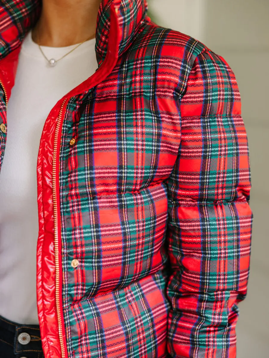 Red Tartan Plaid Puffer Jacket