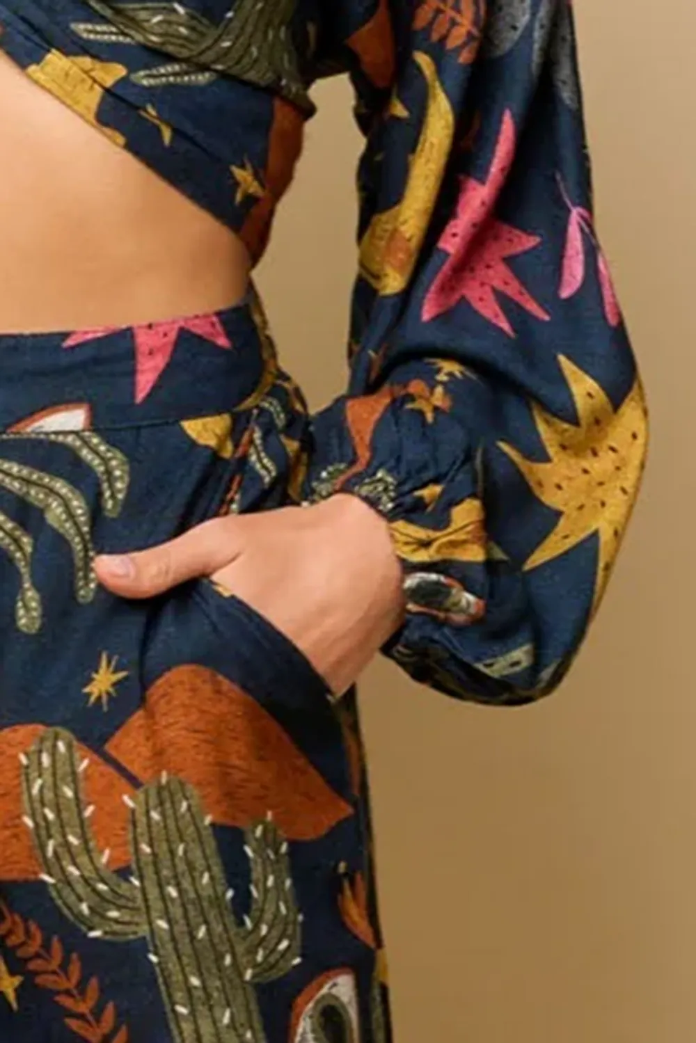 Navy And Multicolor Celestial Print Knot Front Crop Top