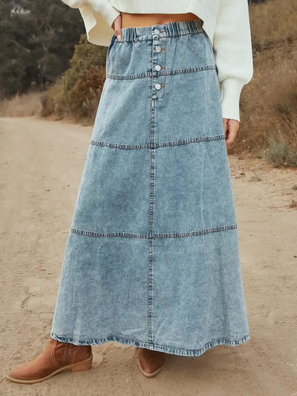 Trim Button Front Denim Detail Skirt