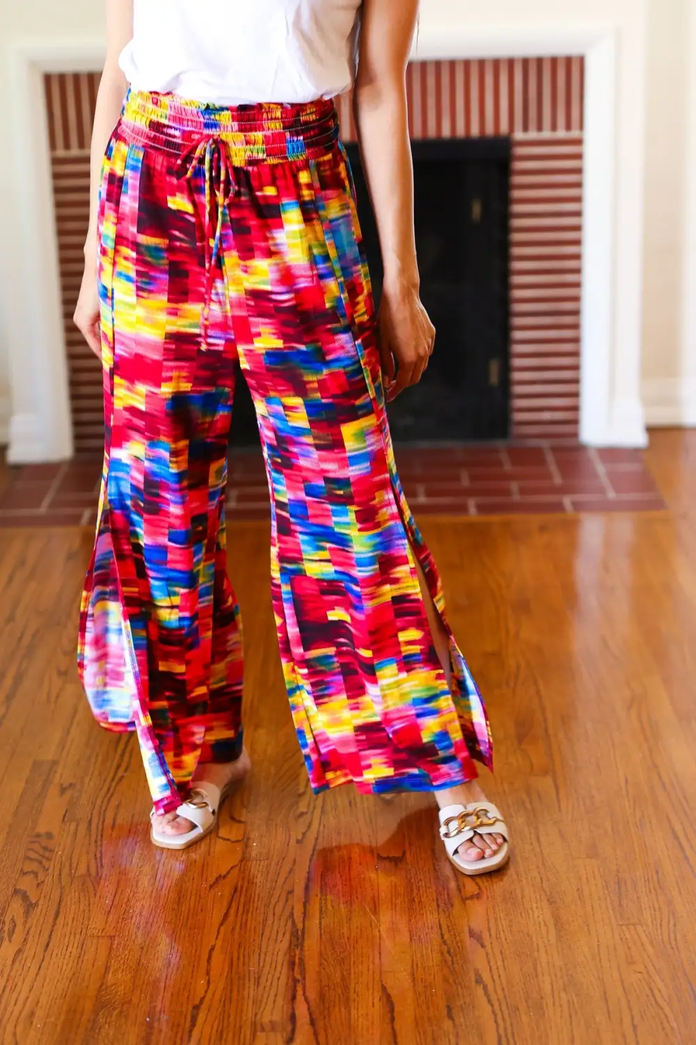 Kaleidoscope Smocked Waist Side Slit Palazzo Pants