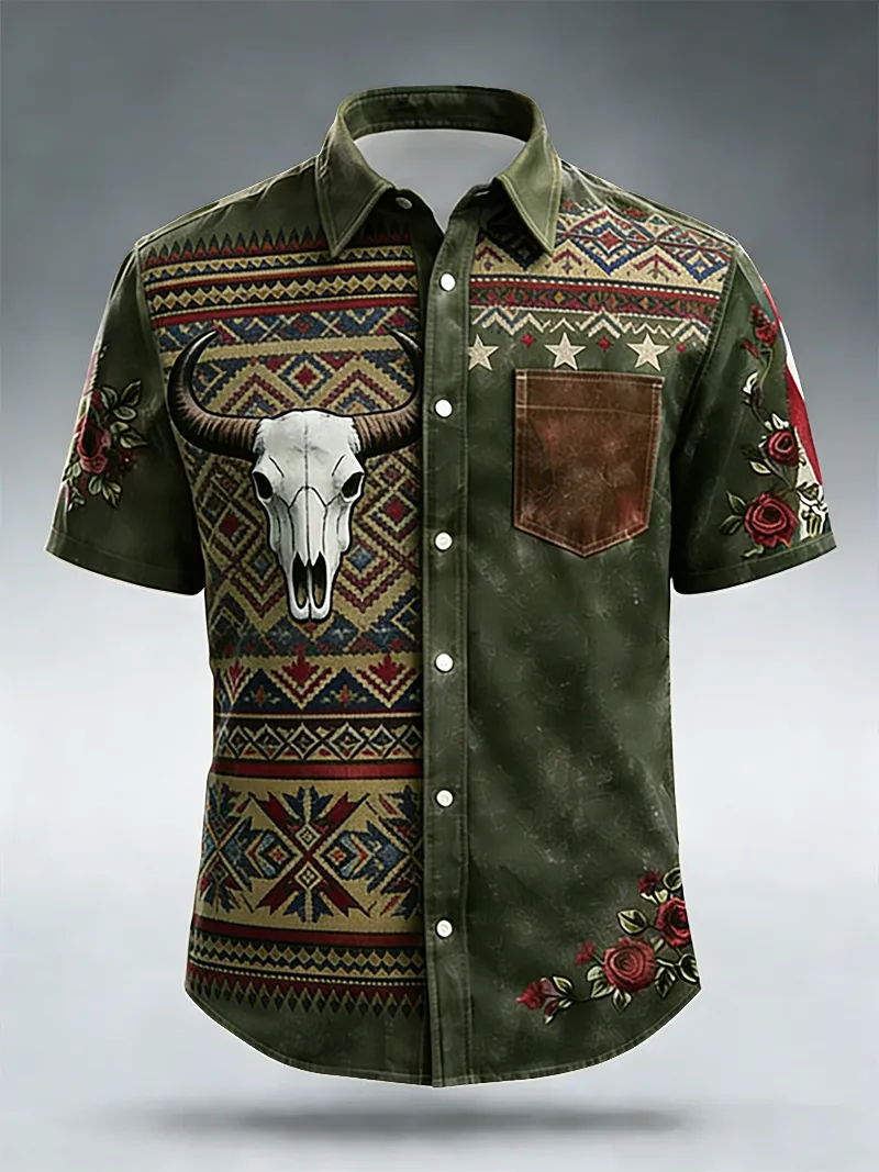 Men's Bull Skull & Rose Embroidered Short Sleeve Shirt