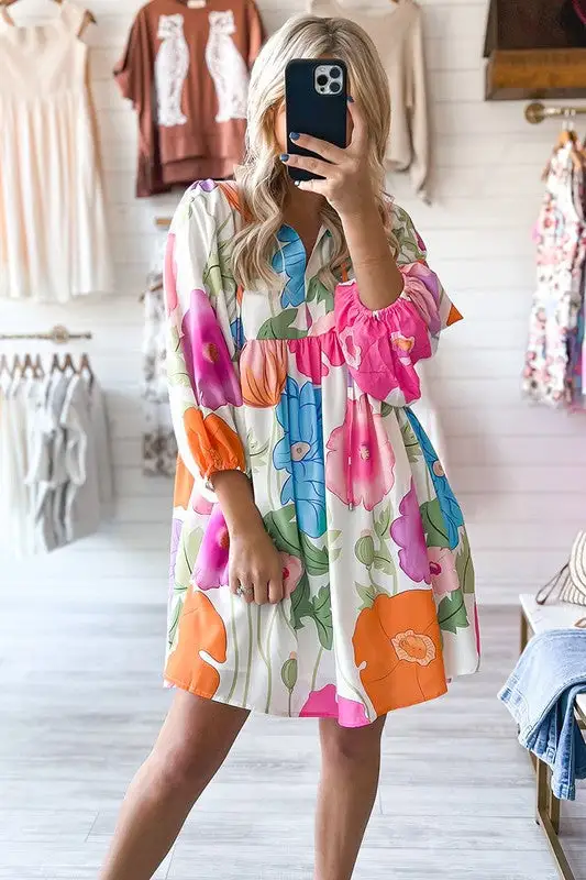 Women Floral Print Split Neck Babydoll Dress