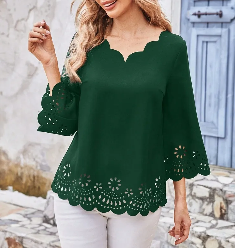 Women's Scallop Cut Out V-Neck Blouse
