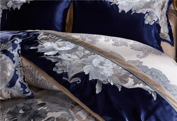 Blue Silver Silk Cotton Jacquard Luxury Chinese Duvet Cover Set