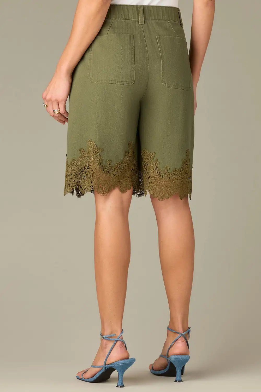 Lace Hem Relaxed Bermuda Shorts Front Pleats