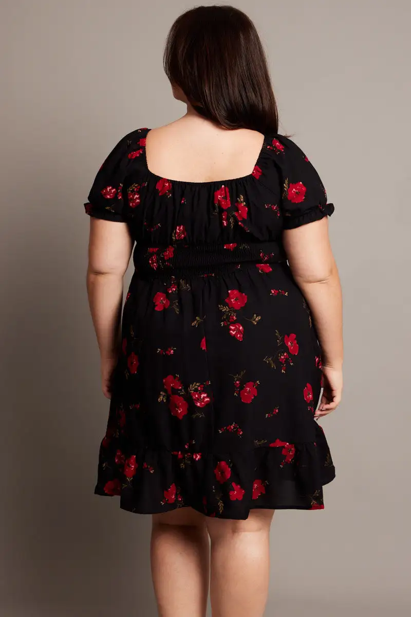 Black Floral Shirred Waist Frill Hem Minidress