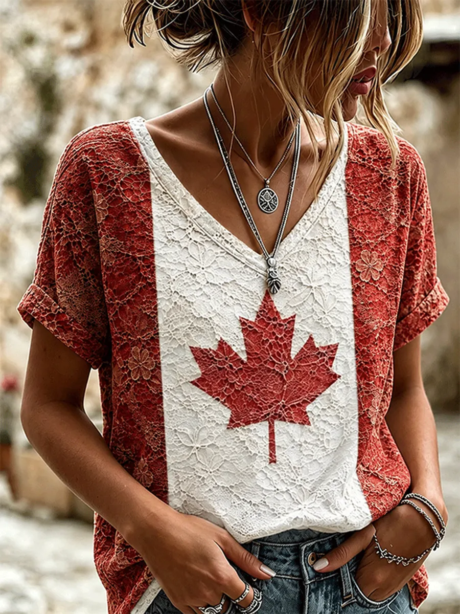 Women's Canada Flag Maple Leaf Lace V-Neck Short Sleeve Top