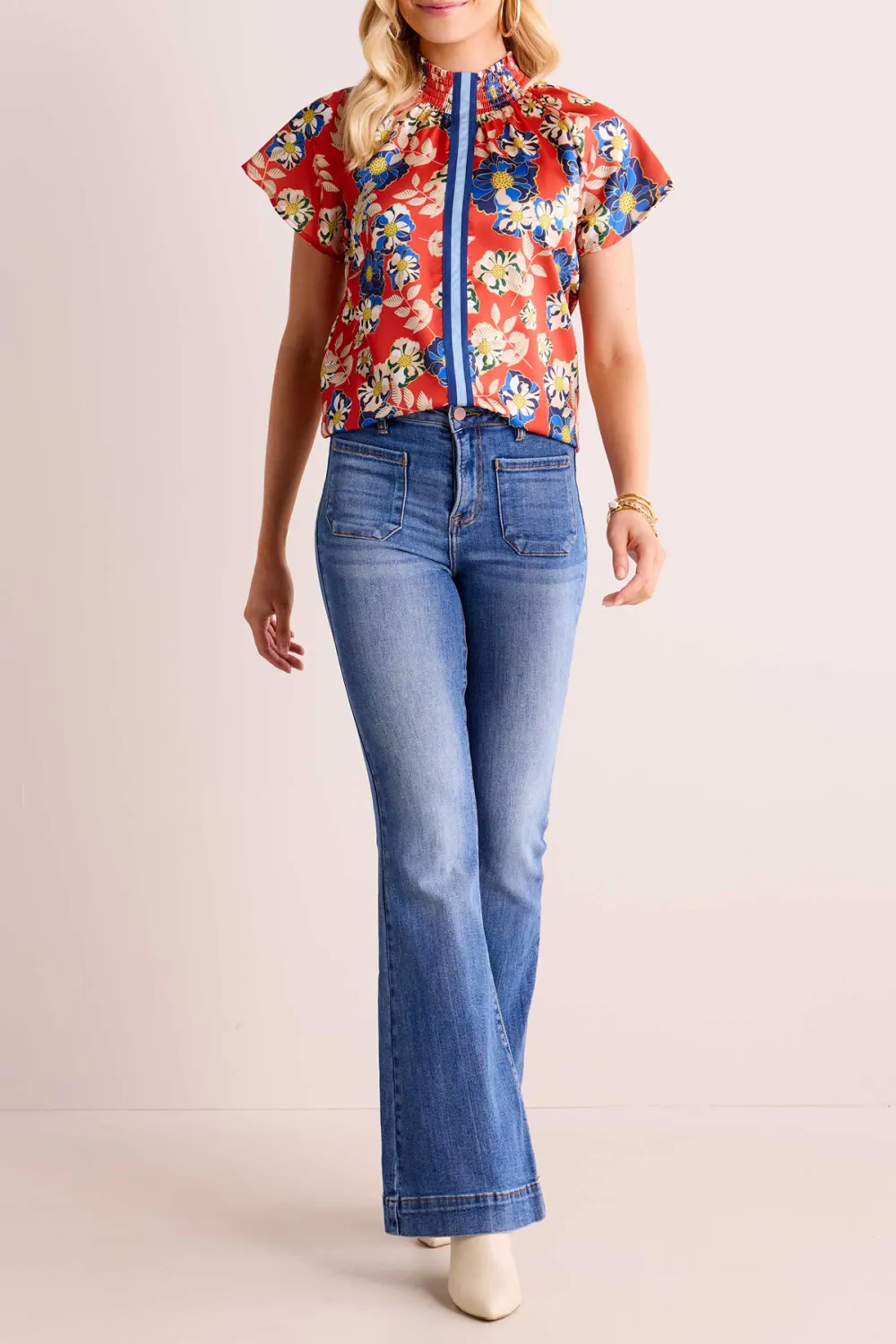 Red Floral Print Stand Collar Short Sleeve Top