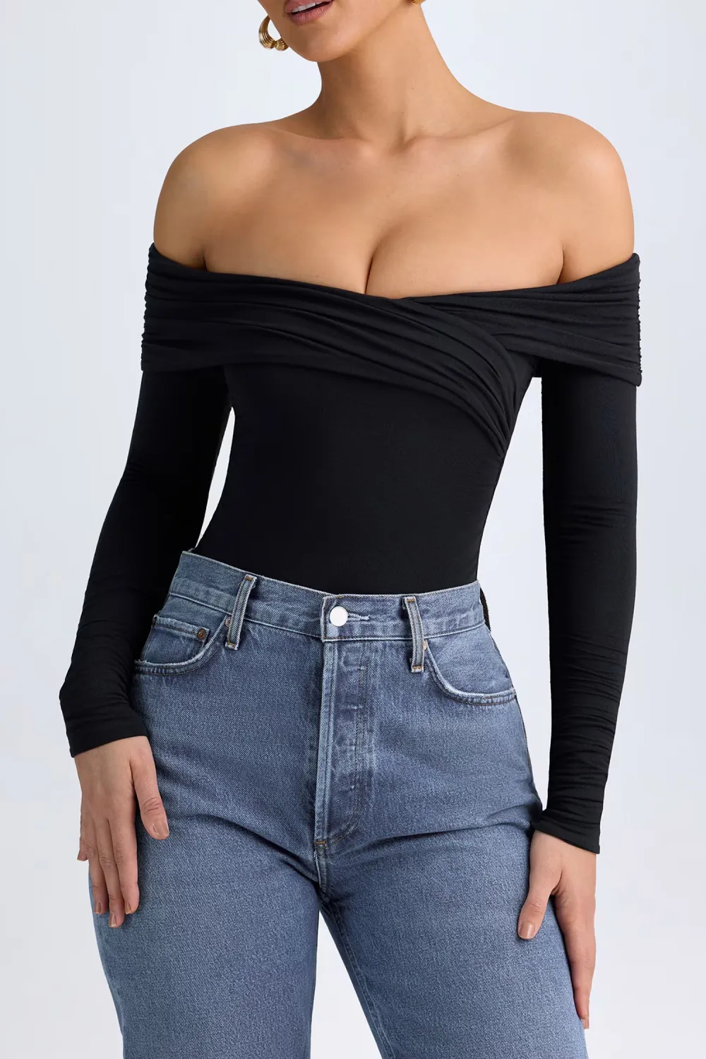 Long Sleeve Off Shoulder Ruffled Women's Fitted Bodysuit