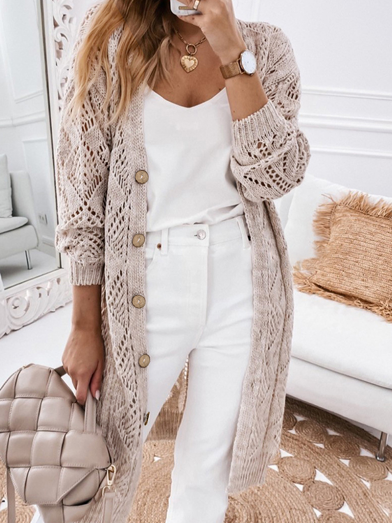 Khaki Hollow-out Openwork Knit Cardigan