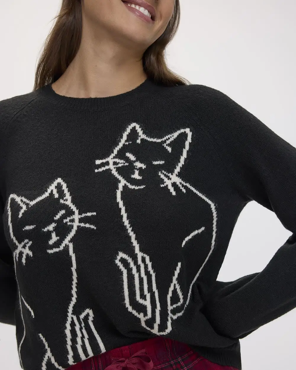 Cat Print Crew-Neck PlushSoft Sweater