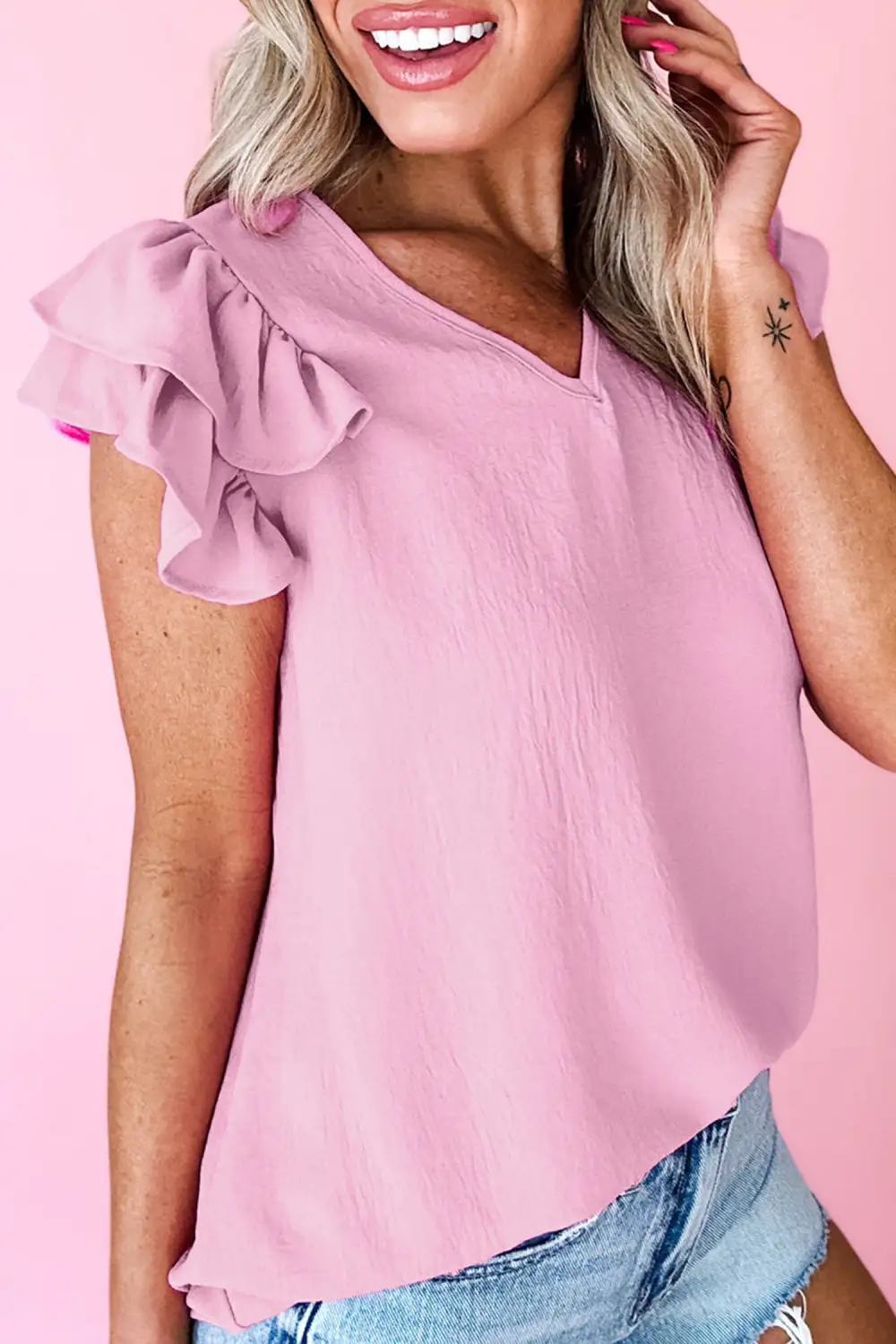 V Neck Ruffled Detail Loose Tank Top