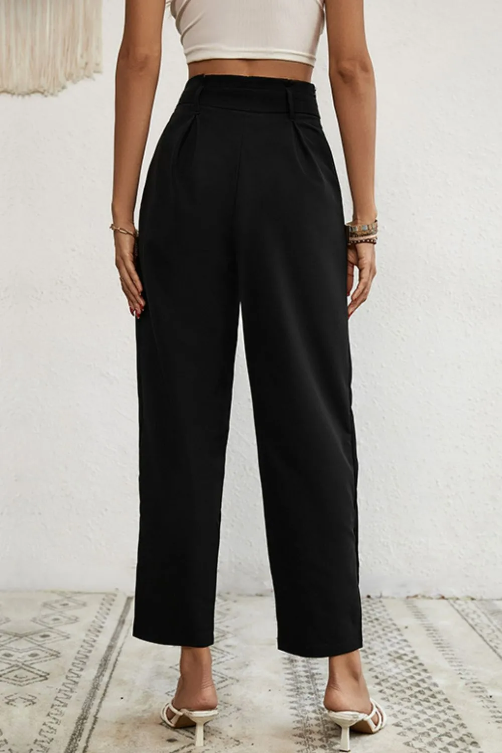Buttoned Tie Waist Cropped Pants