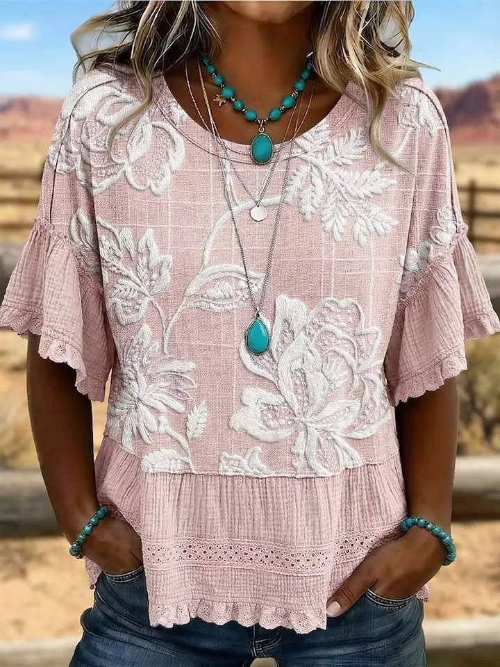 Women'S Retro Western Flower Art Printed Splicing T-Shirt