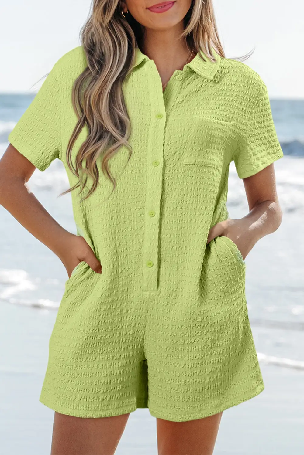 Textured Short Sleeve Patched Pocket Buttoned Shirt Romper