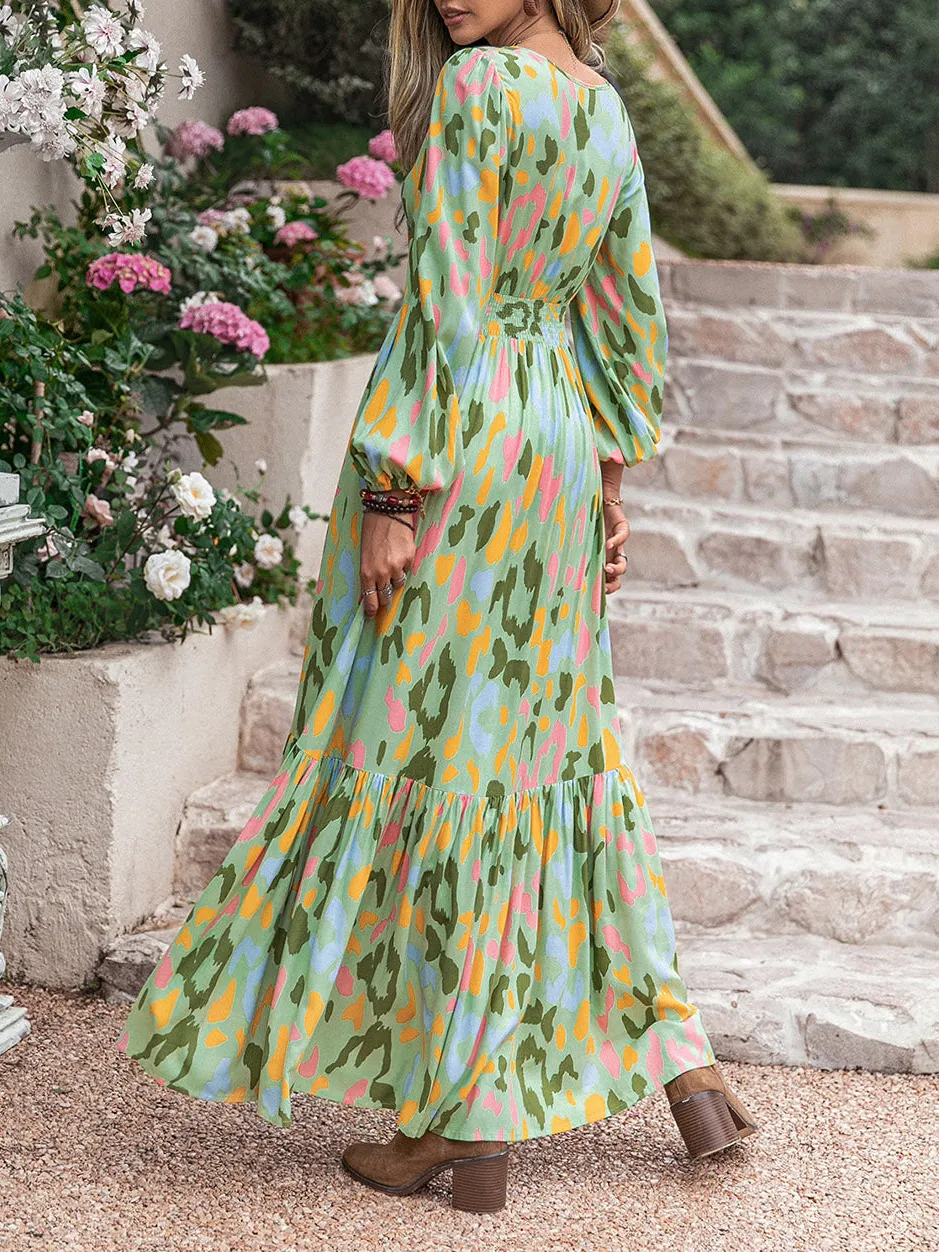 Printed Tie Neck Long Sleeve Maxi Dress