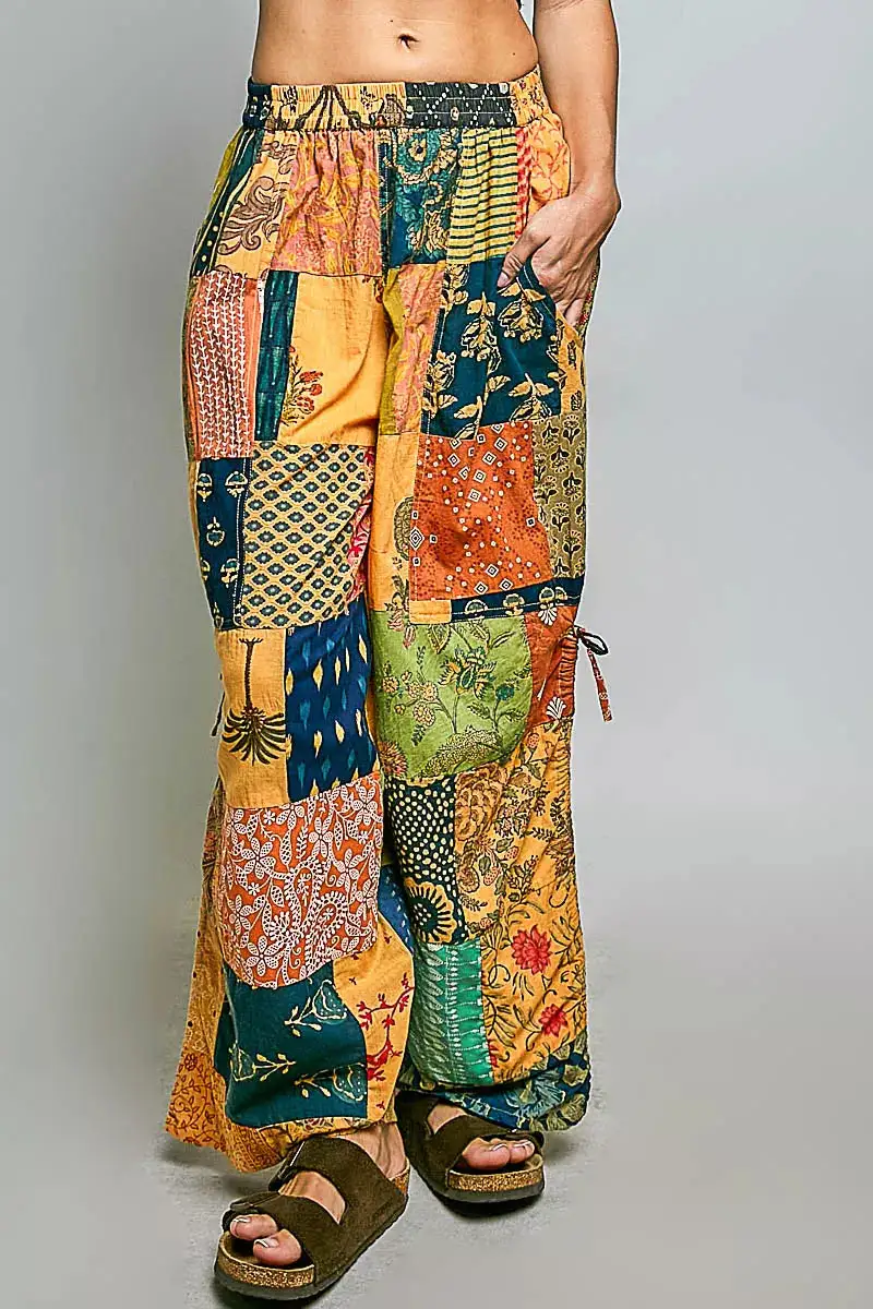 Printed Patchwork Wide Leg Pants with Adjustable Side Drawstring