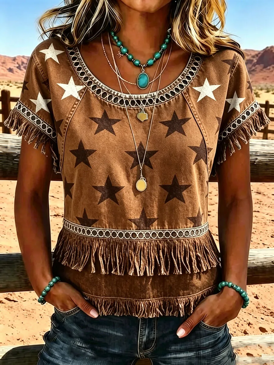 Women'S 250Th Anniversary American Vintage Western-Style Casual Shirt With Fringe Splicing