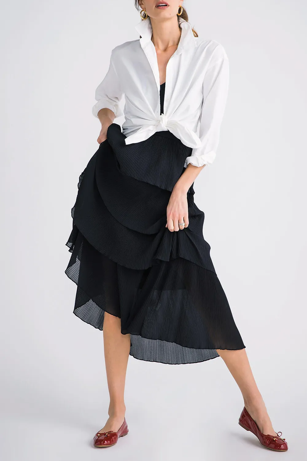 Merci Pleated Tiered Midi Dress - redorange