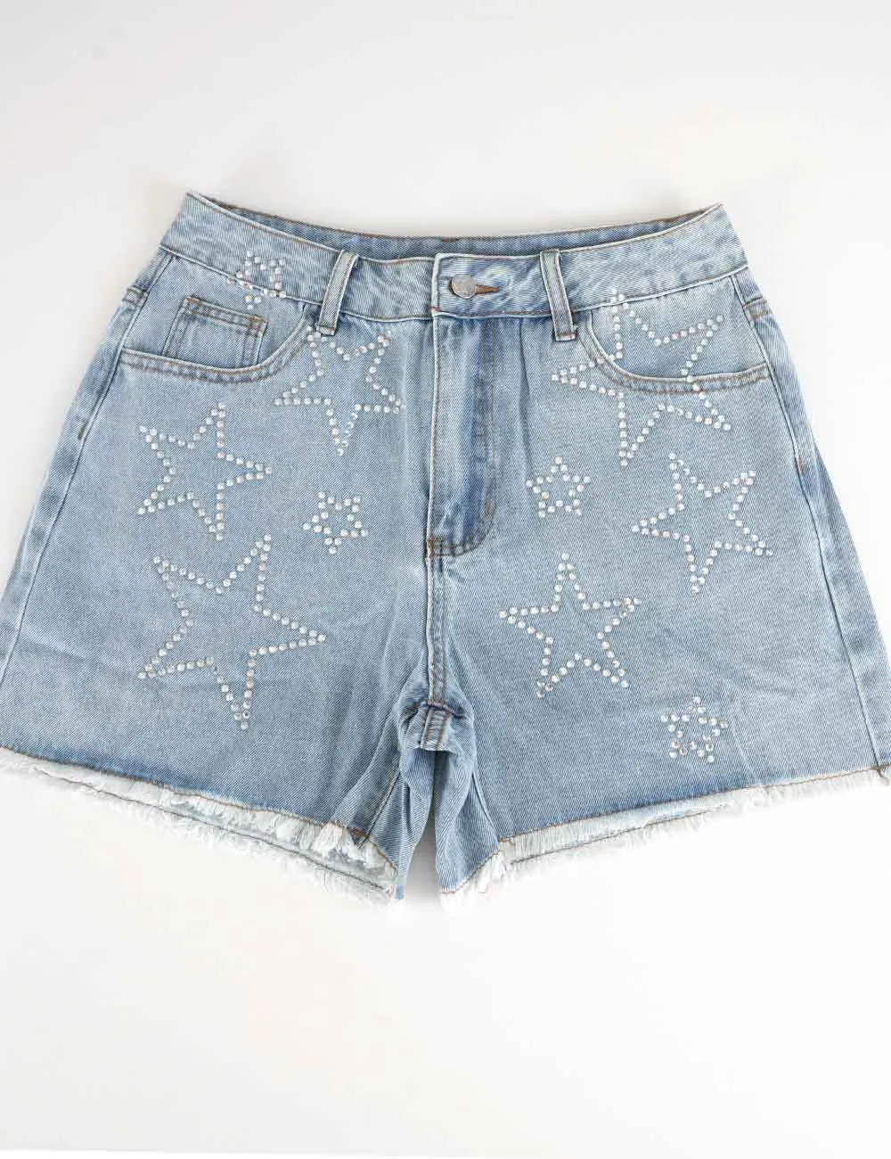 Rhinestone Star Raw Edge Hem Denim Shorts