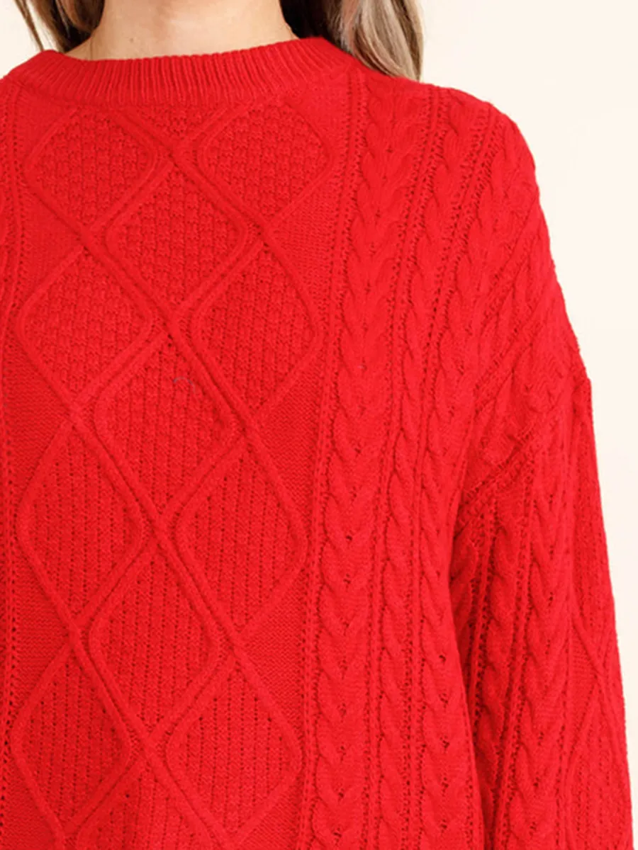 Red Jacquard Pattern Loose Knit Sweater